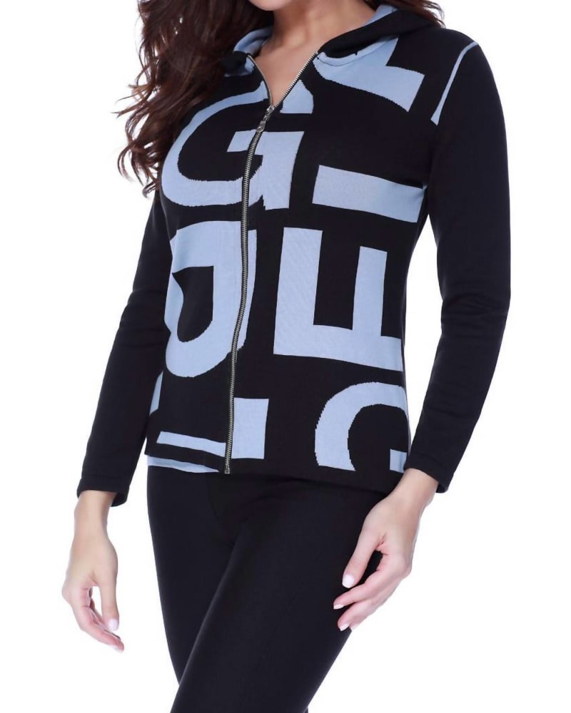 Front of a model wearing a size LG Abstract Hooded Cardigan in Black/Denim in Black/Denim by ANGEL. | dia_product_style_image_id:325719